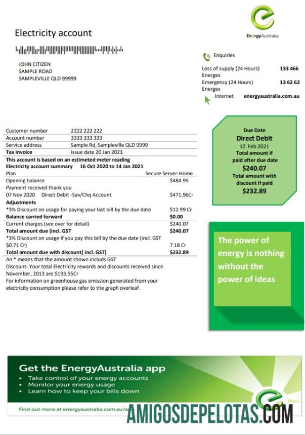 Utilitário de prova de endereço de energia da Austrália modelo